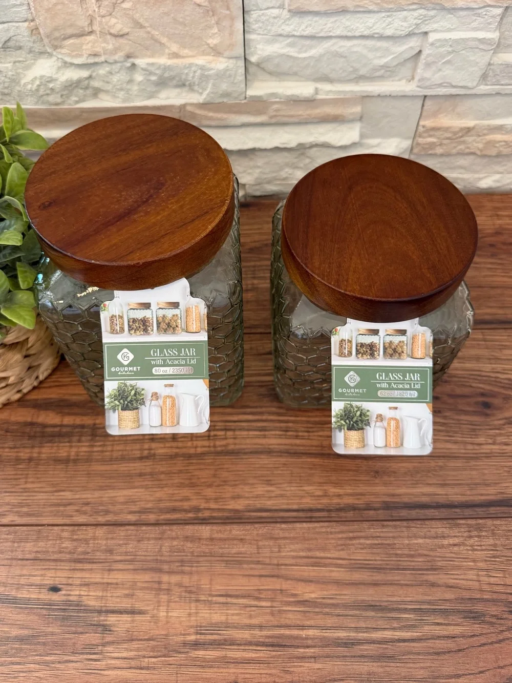 🆕 Set of 2 | Green Honeycomb Glass Jars with Wooden Lids!